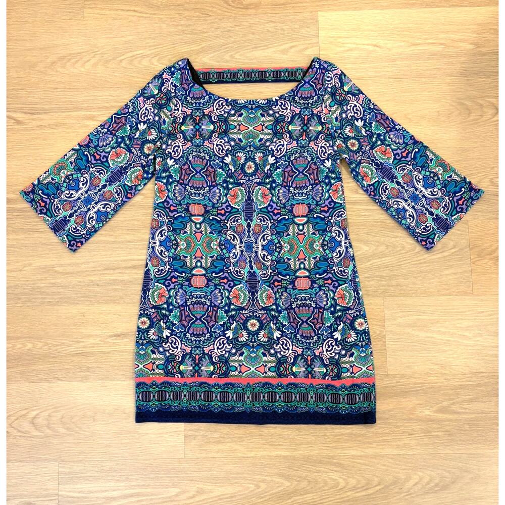 Laundry by Shelli Segal mosaic colorful 3/4 sleeve dress womens size Large